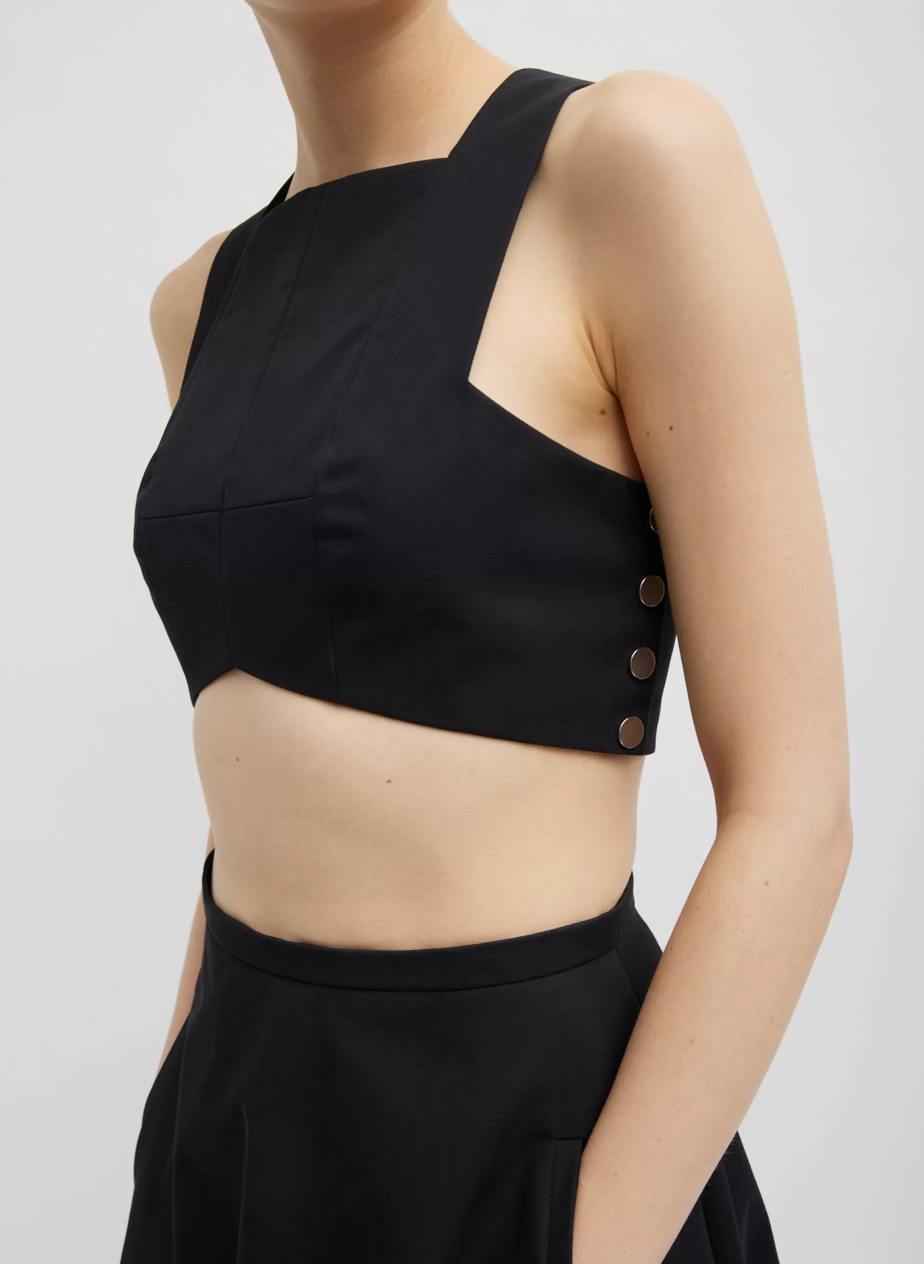 Tibi Tops-Bonded Luxe Twill Square Neck Cropped Top