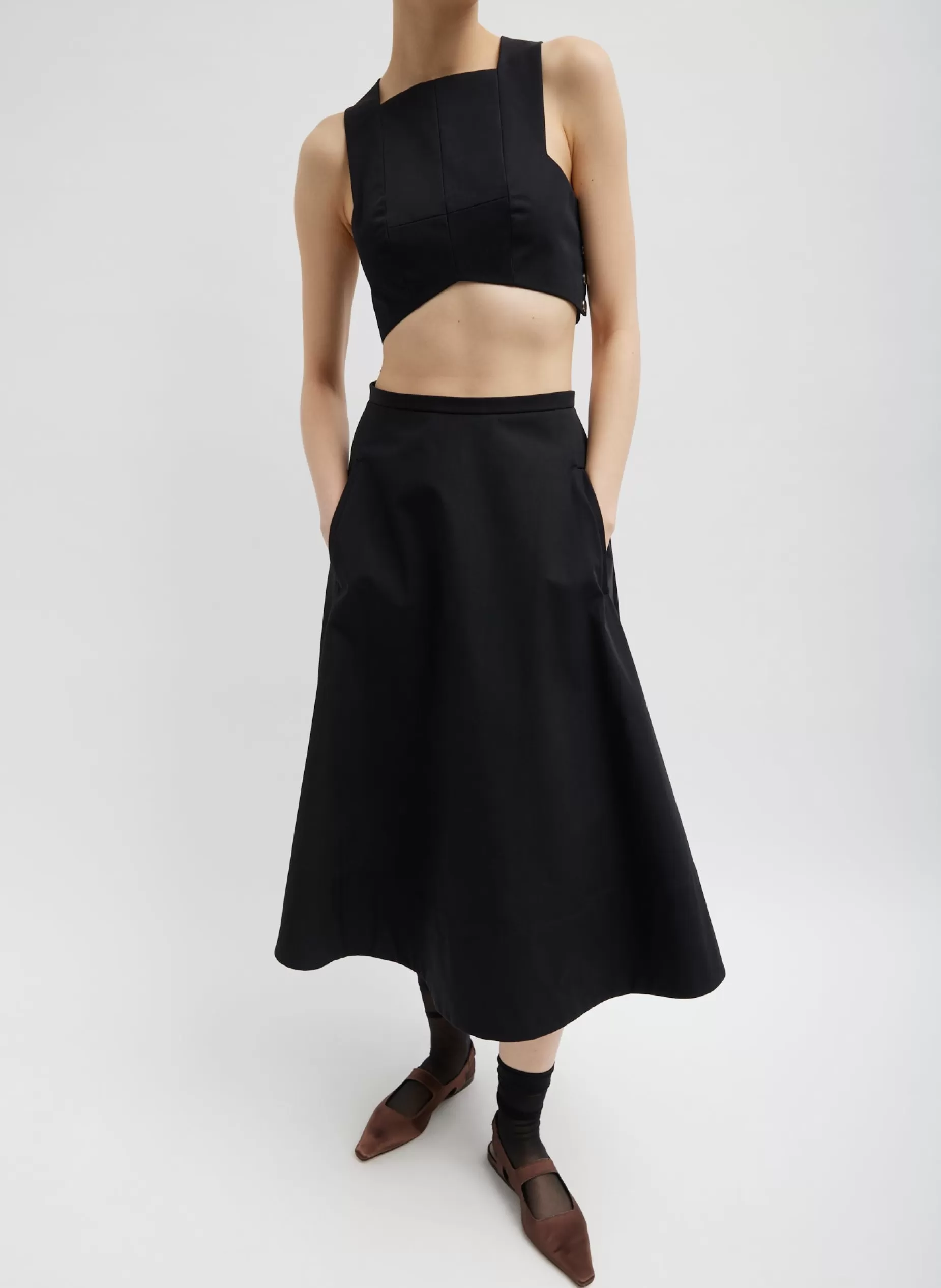 Tibi Tops-Bonded Luxe Twill Square Neck Cropped Top