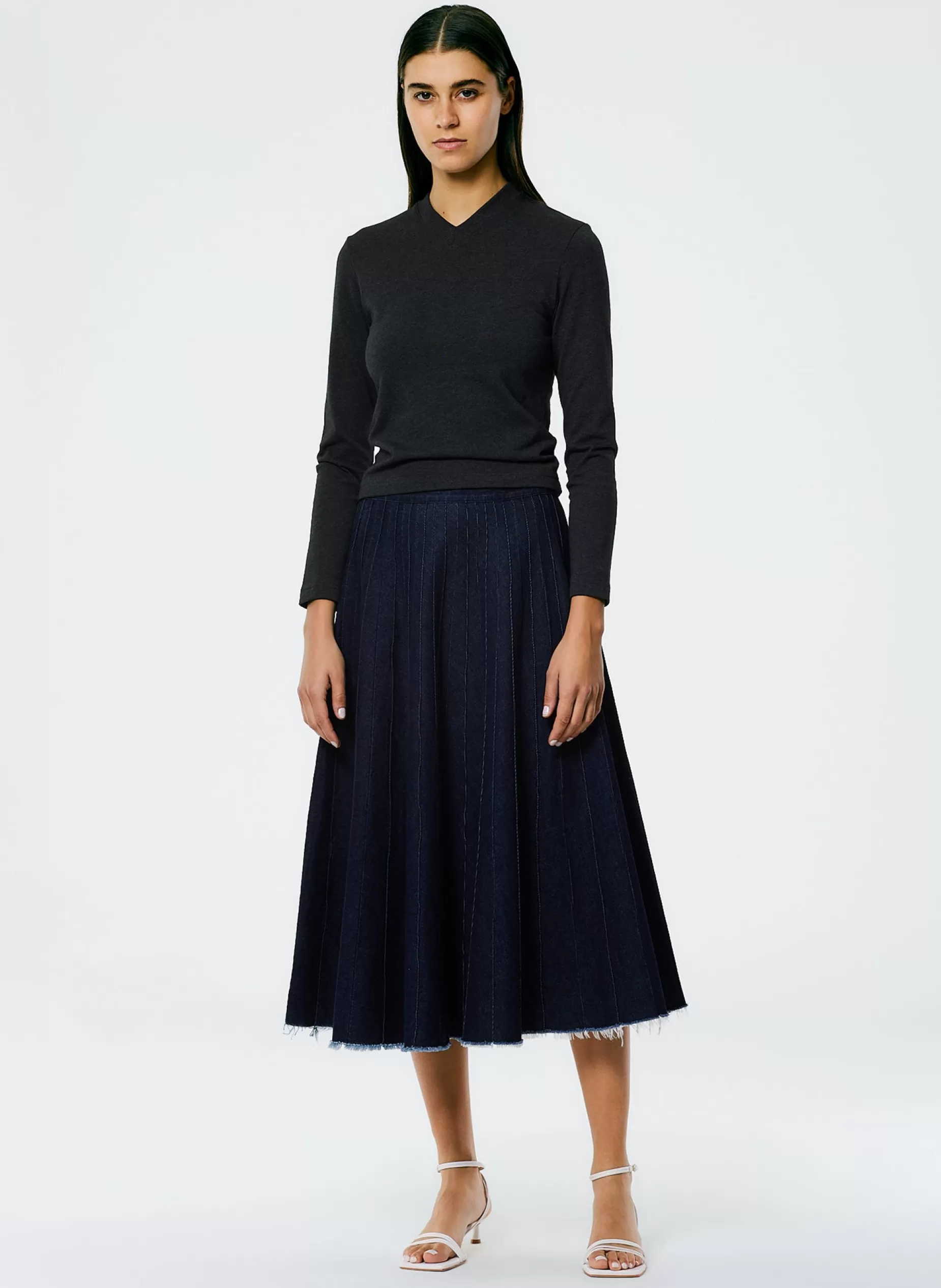 Tibi Denim | Skirts-Brushed Denim Pintucked Skirt