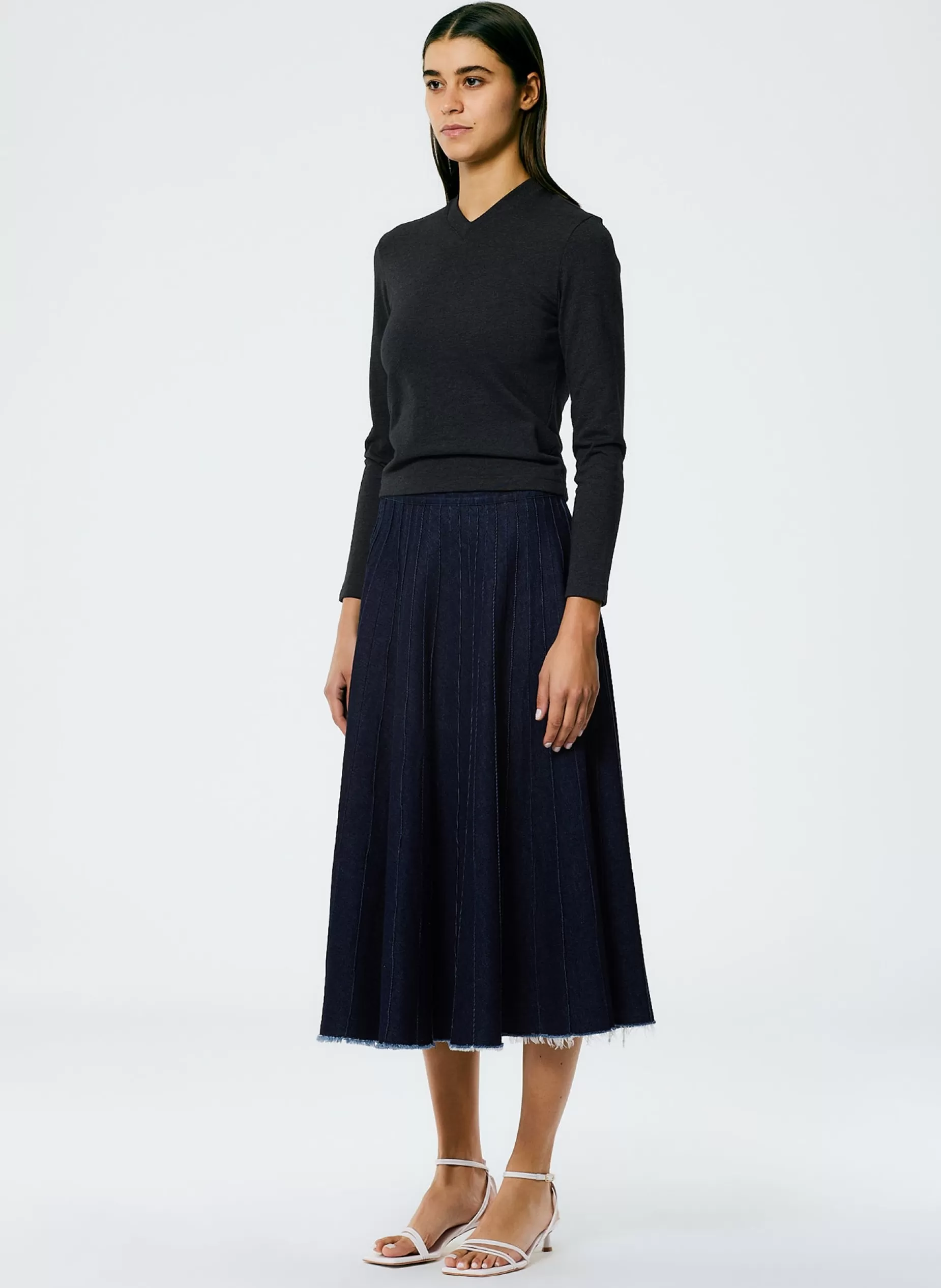 Tibi Denim | Skirts-Brushed Denim Pintucked Skirt