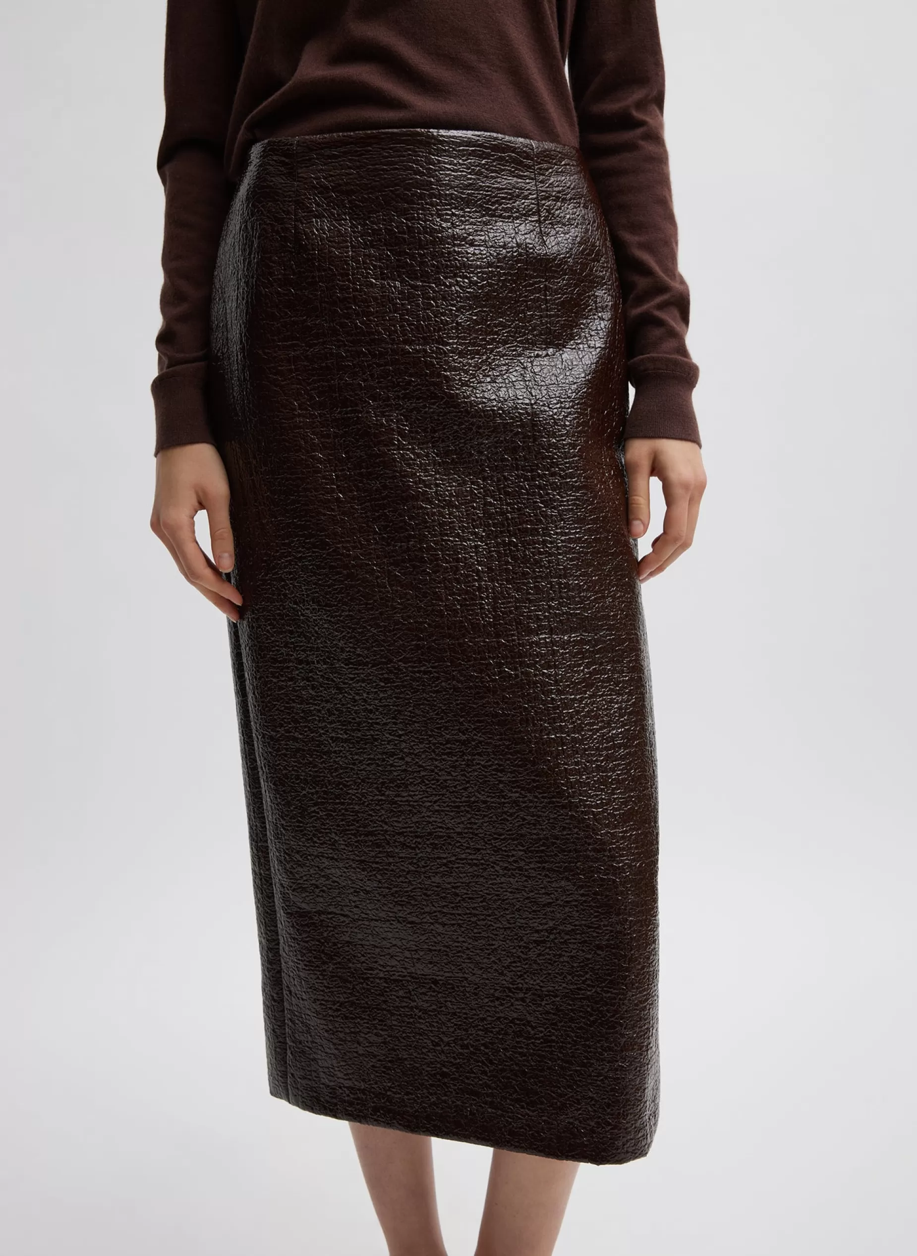 Tibi Skirts-Coated Basketweave Pencil Skirt