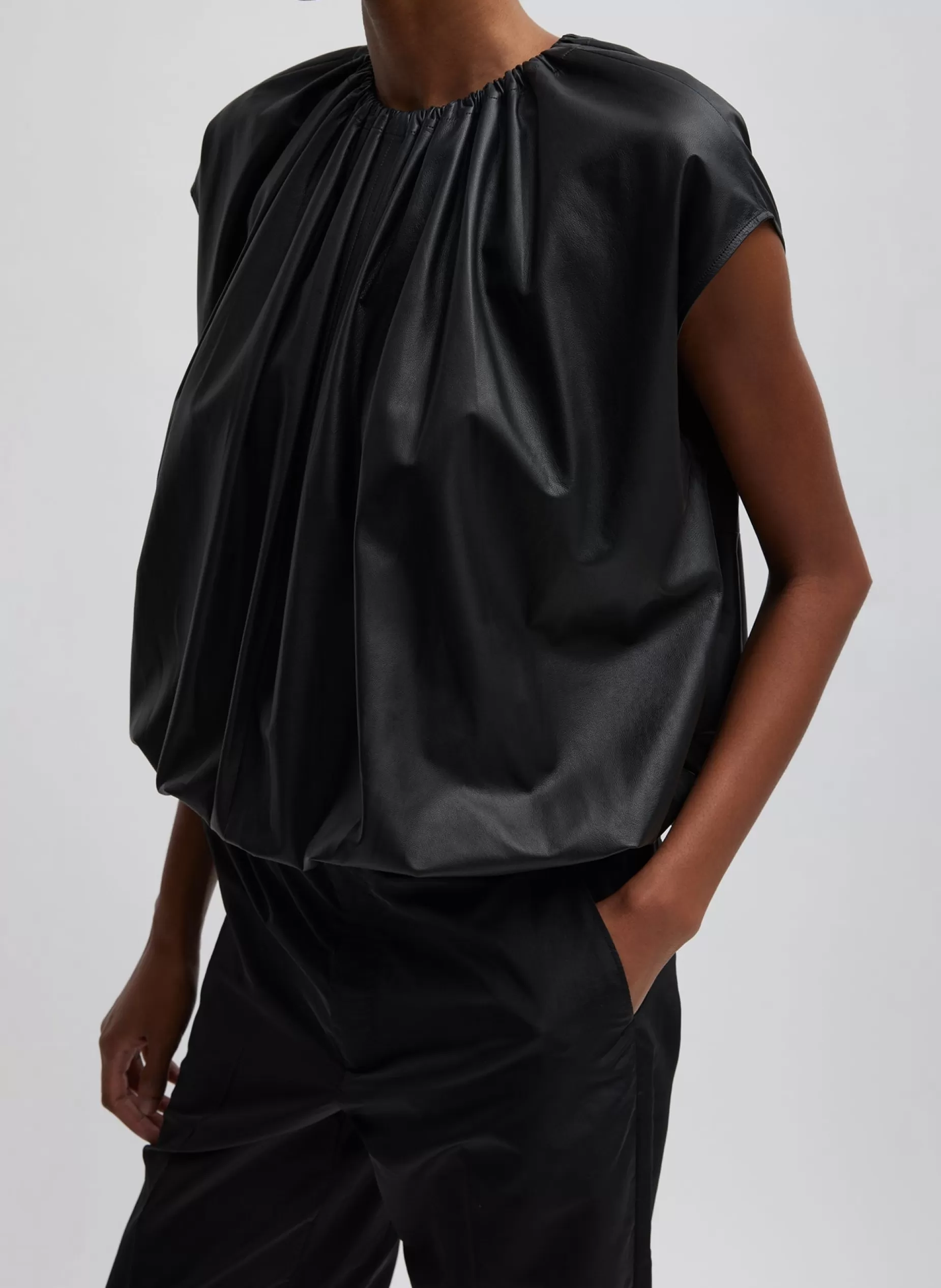 Tibi Tops-Feather Weight Leather Shirred Neck Circular Top