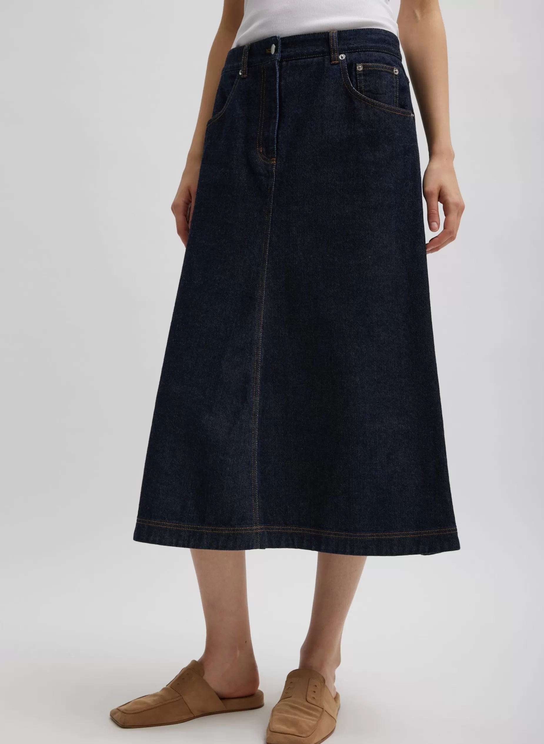 Tibi Denim | Skirts-Indigo Denim Midi A-Line Skirt