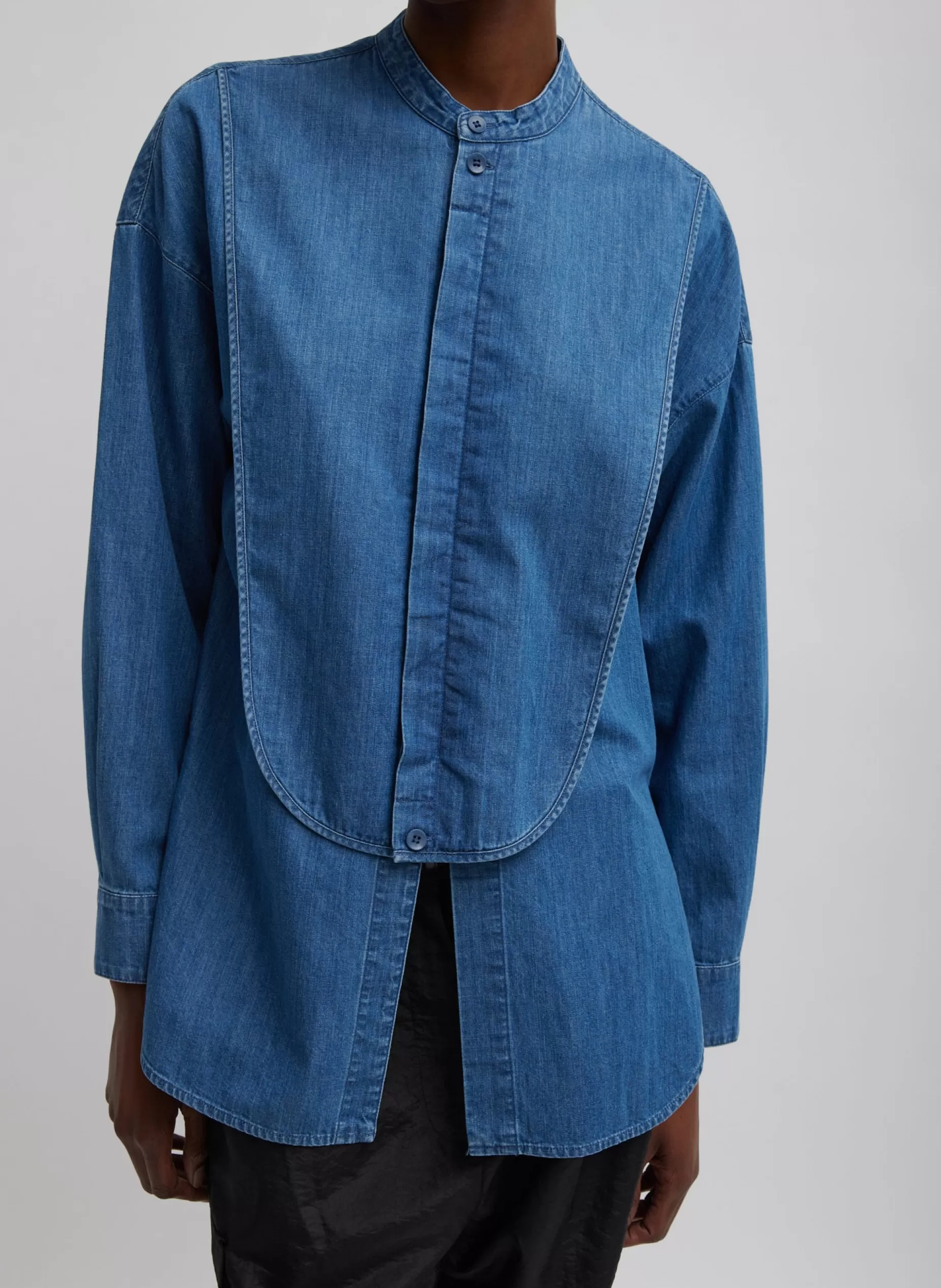 Tibi Denim | Tops-Light Weight Stone Wash Denim Tuxedo Shirt