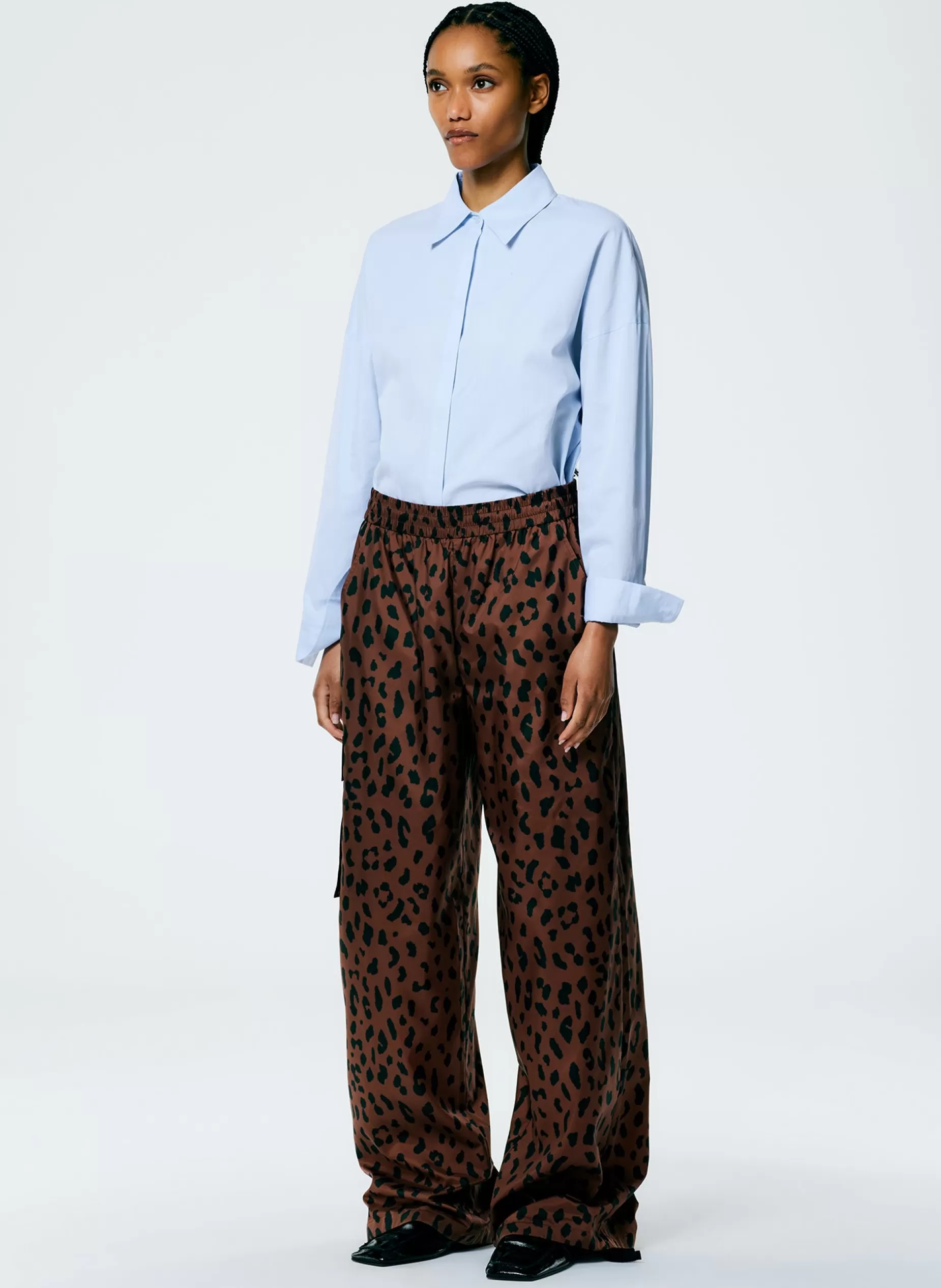 Tibi Pants & Shorts-Recycled Sporty Nylon Cheetah Wide Leg Pull On Pant