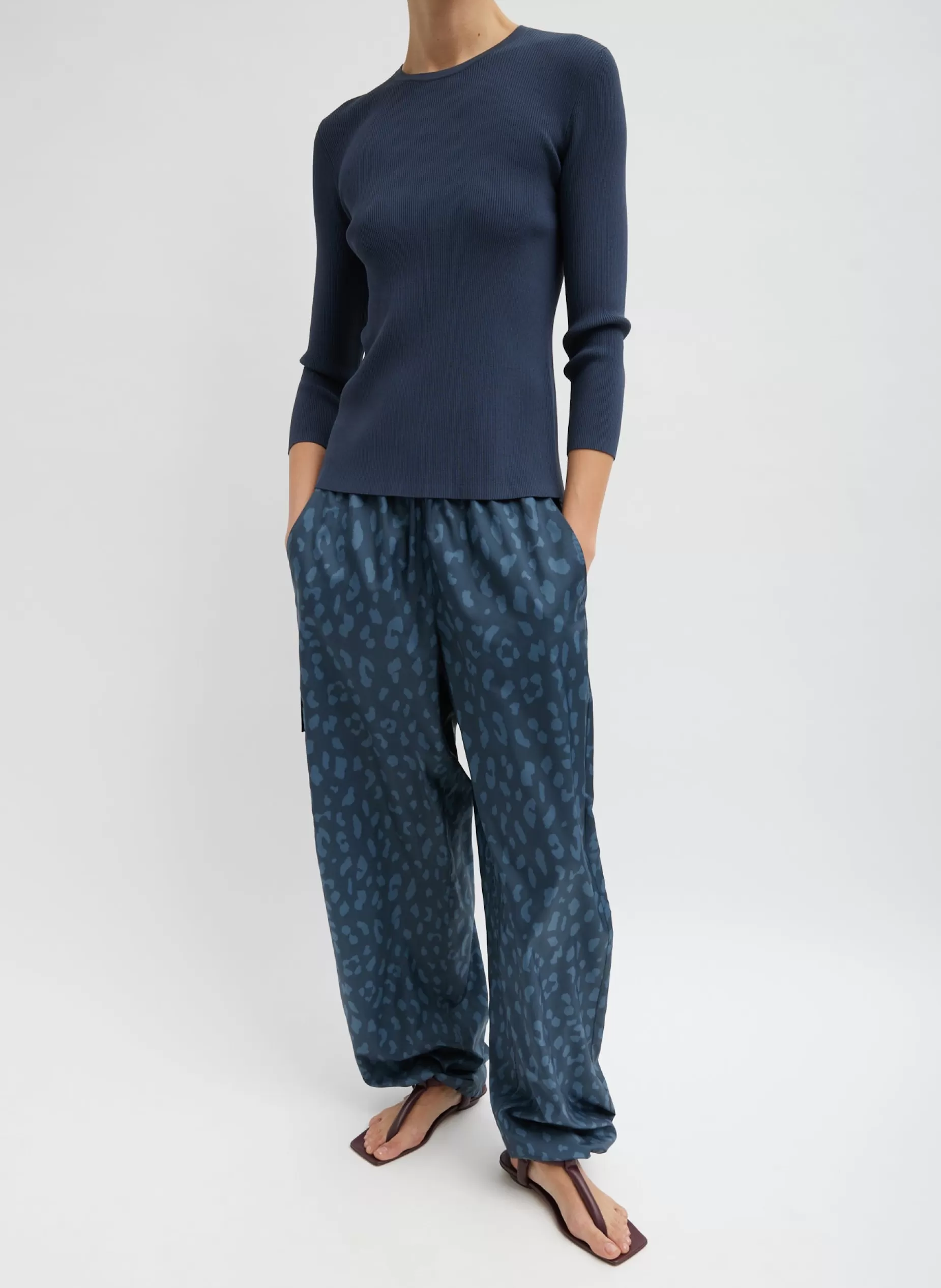 Tibi Pants & Shorts-Recycled Sporty Nylon Cheetah Wide Leg Pull On Pant