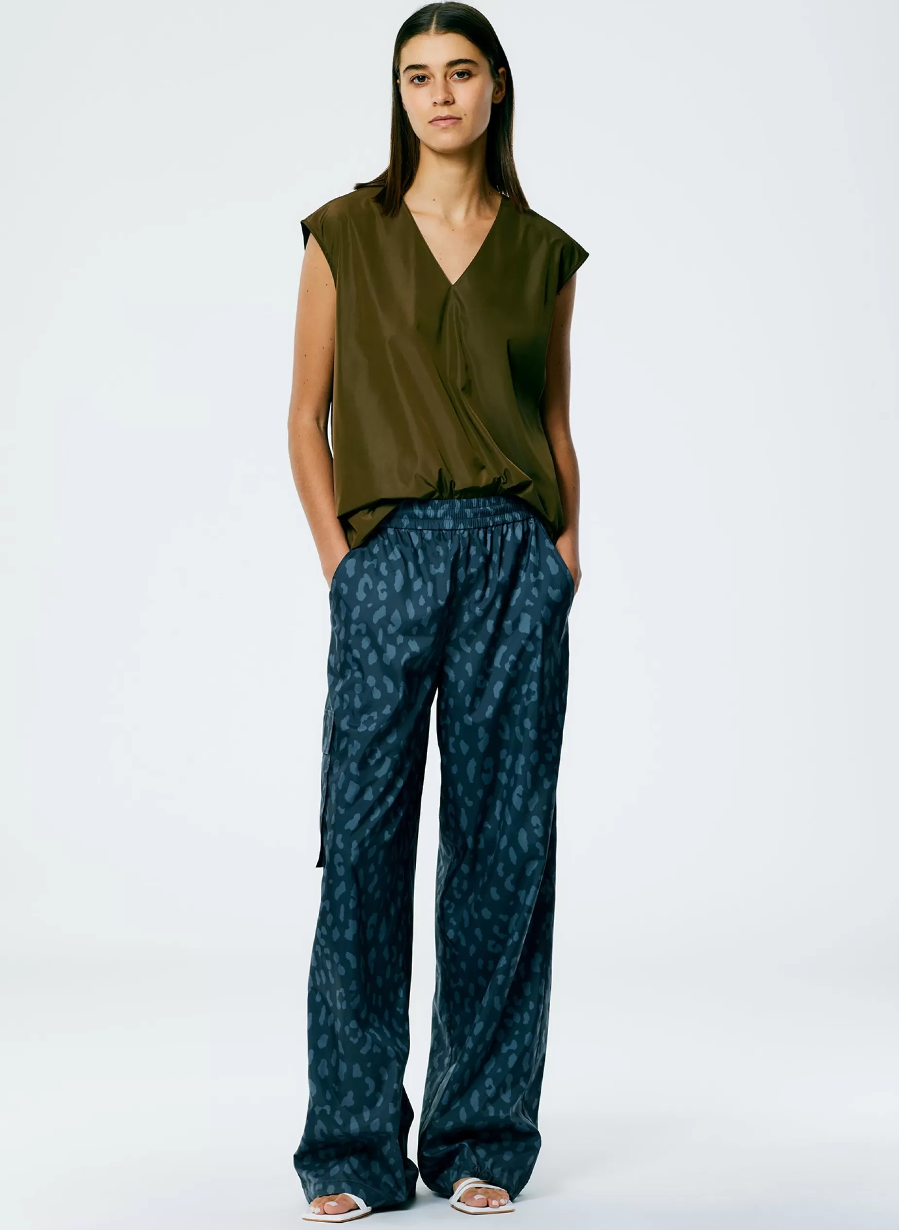 Tibi Pants & Shorts-Recycled Sporty Nylon Cheetah Wide Leg Pull On Pant