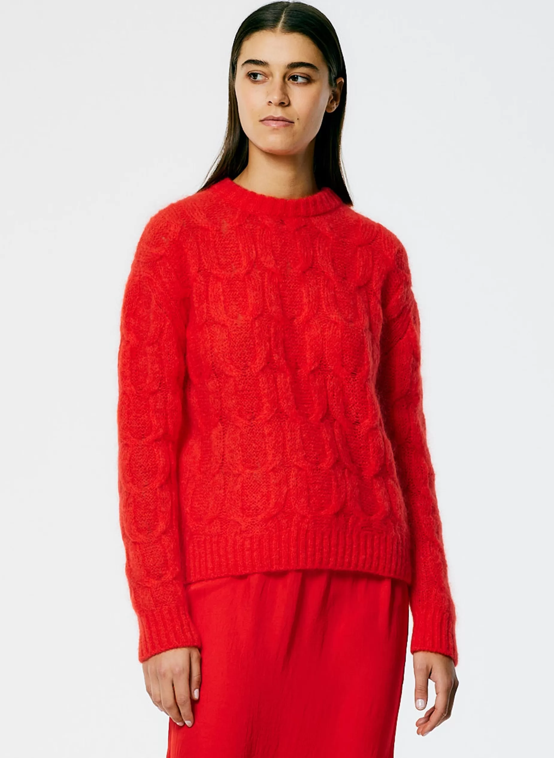 Tibi Knitwear & Sweatshirts-Soft Mohair Cable Crewneck Easy Pullover