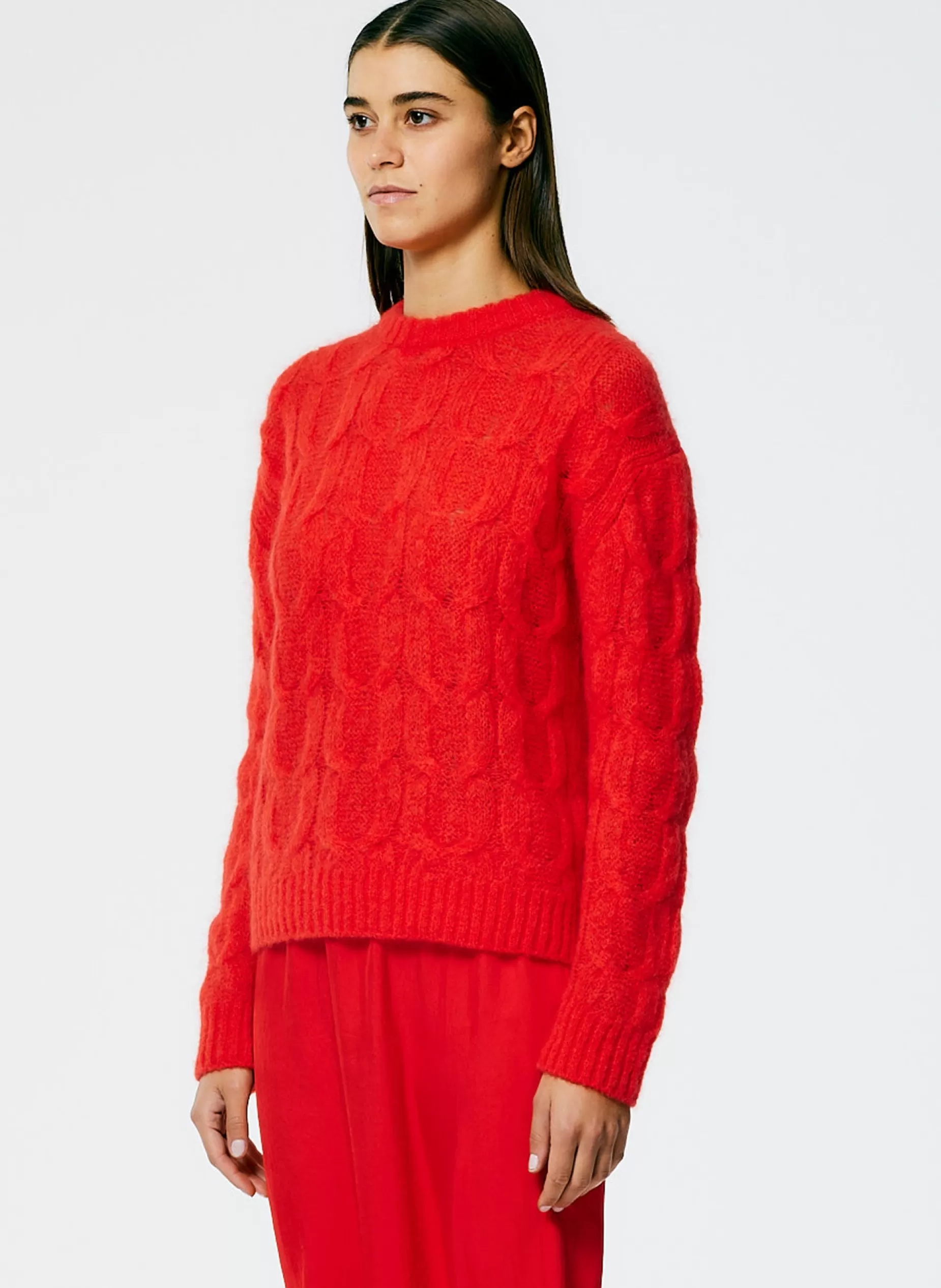 Tibi Knitwear & Sweatshirts-Soft Mohair Cable Crewneck Easy Pullover