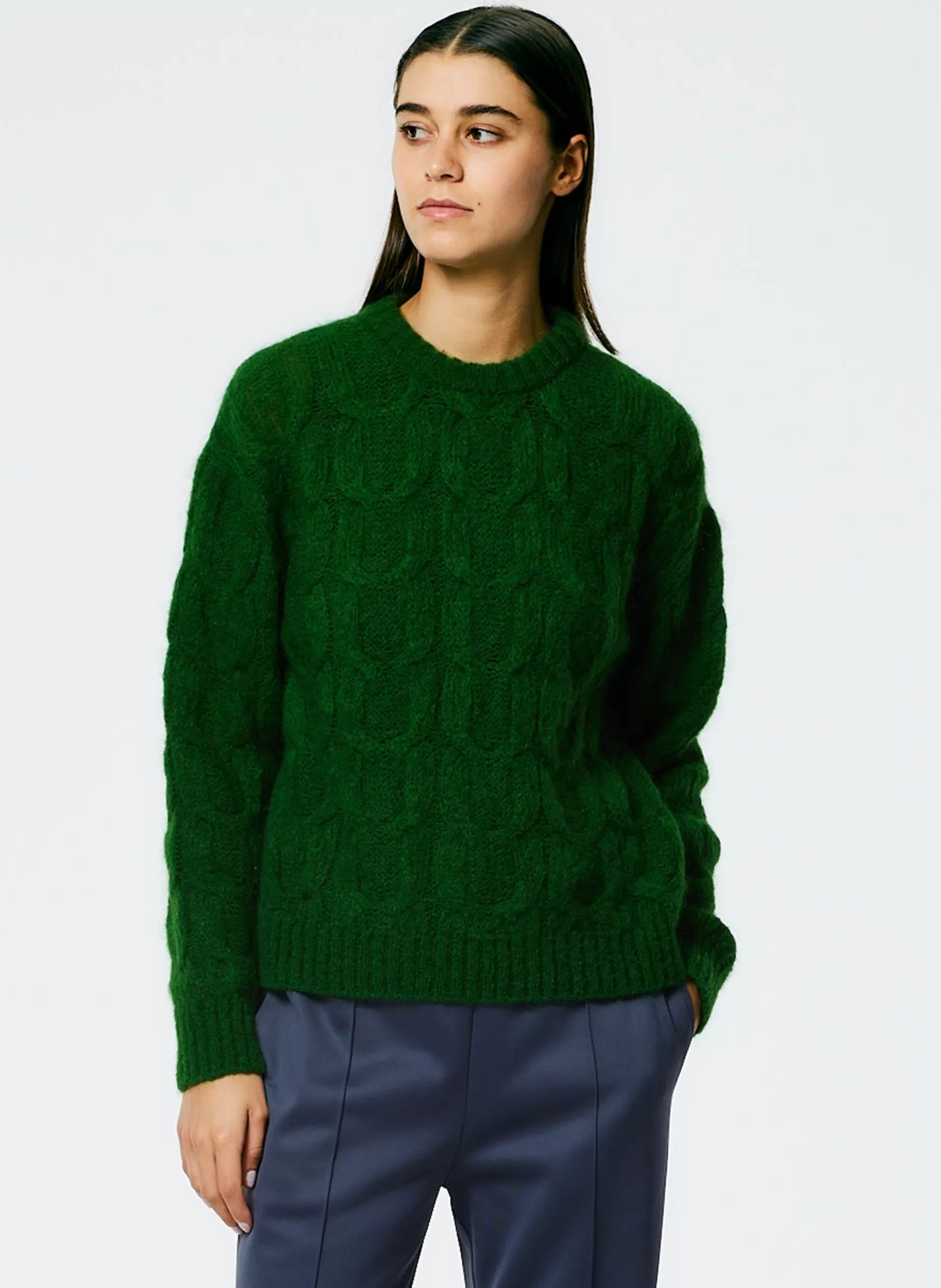 Tibi Knitwear & Sweatshirts-Soft Mohair Cable Crewneck Easy Pullover