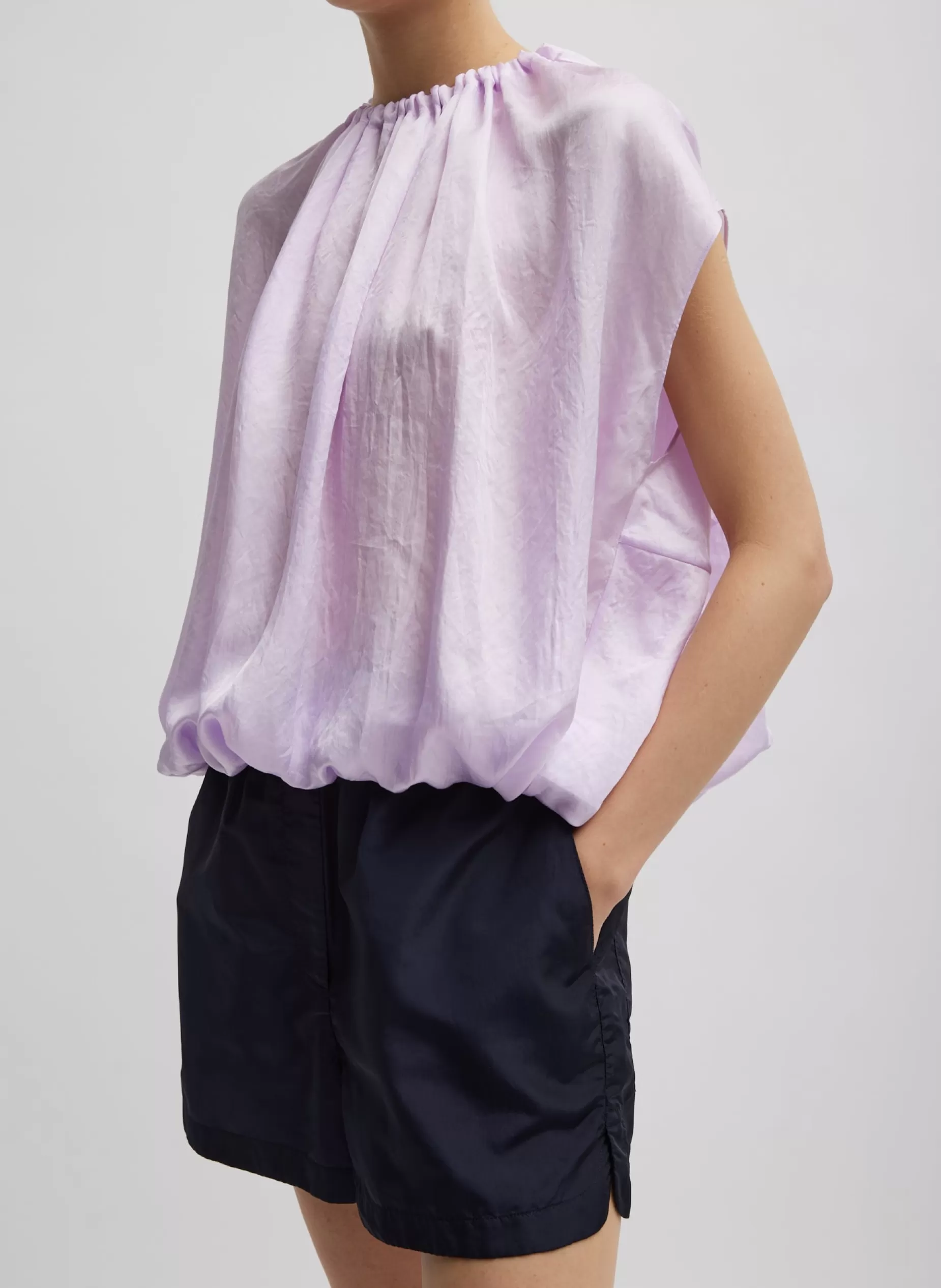 Tibi Tops-Spring Acetate Shirred Neck Circular Top