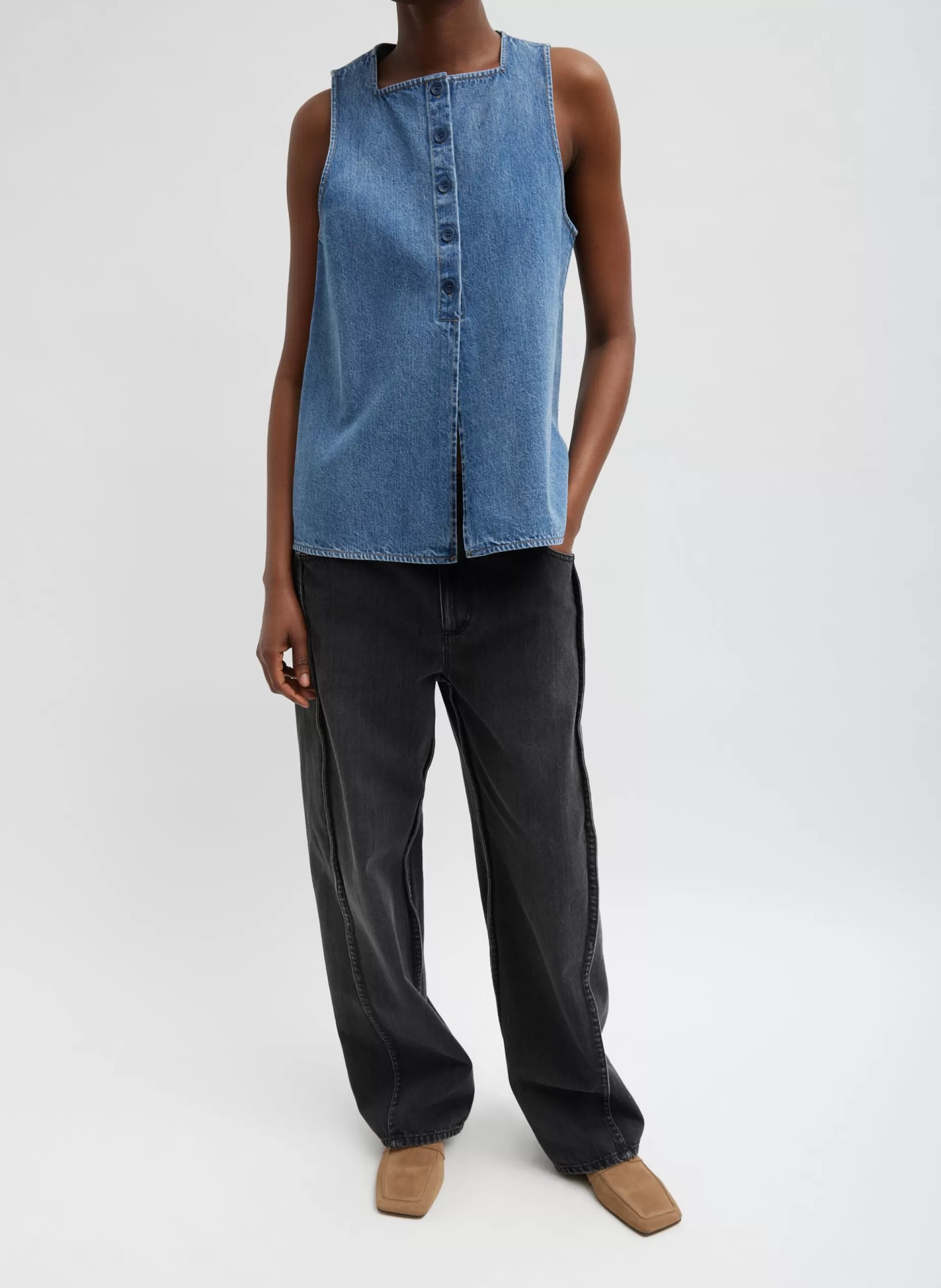 Tibi Denim | Tops-Spring Denim Slit Front Sleeveless Top