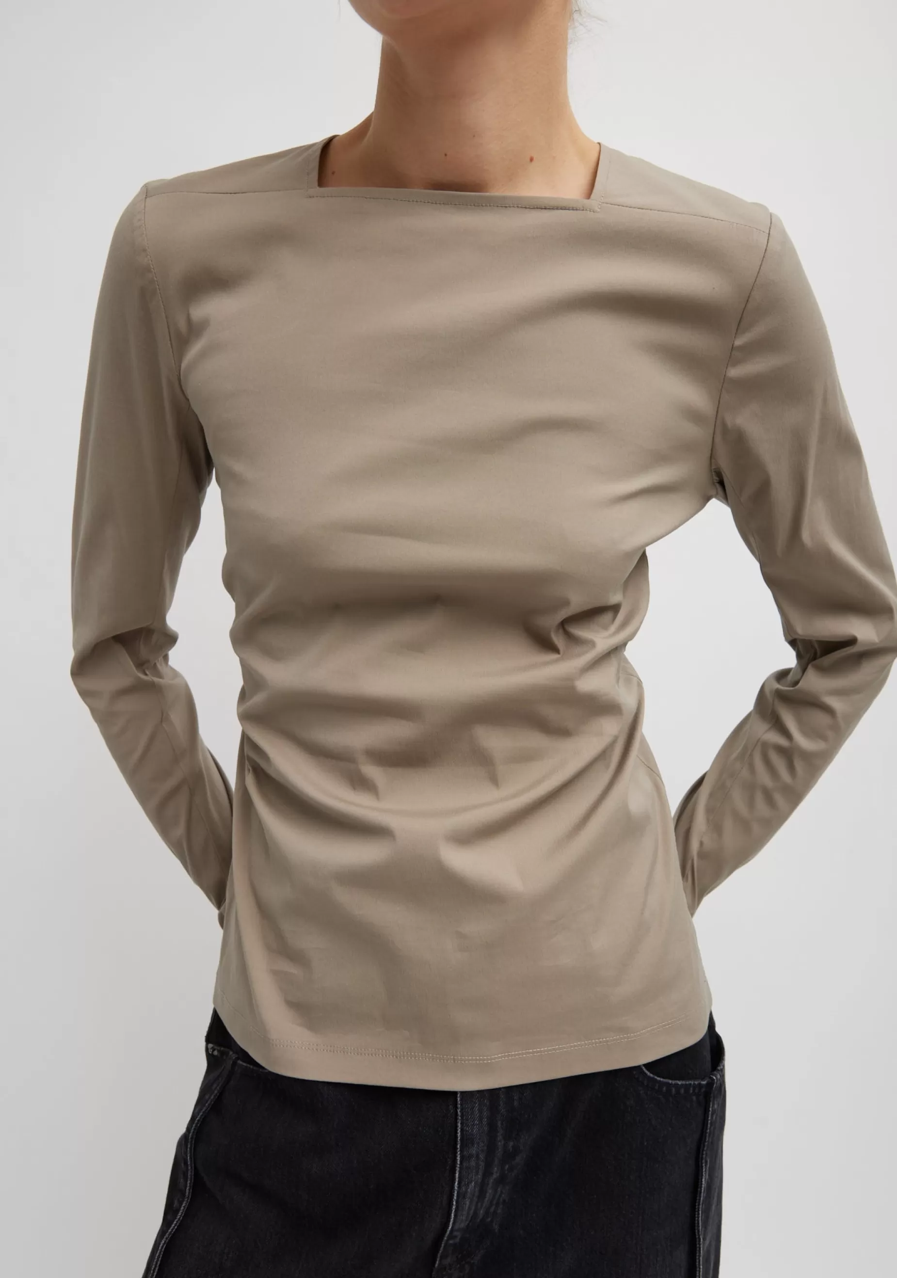 Tibi Tops-Stretch Cotton Nylon Square Neck Slim Circular Sleeve Top