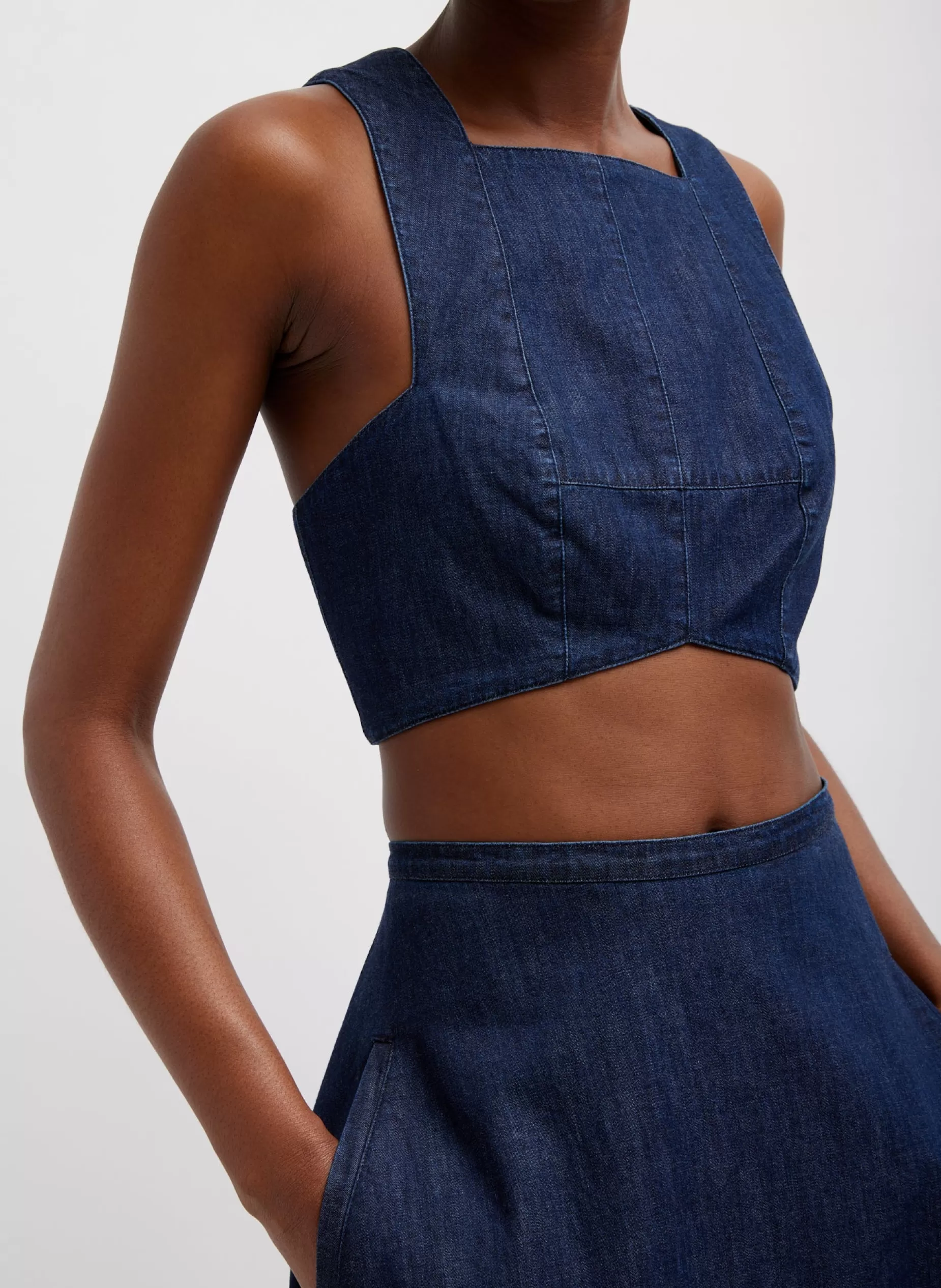 Tibi Denim | Tops-Summer Denim Square Neck Cropped Top