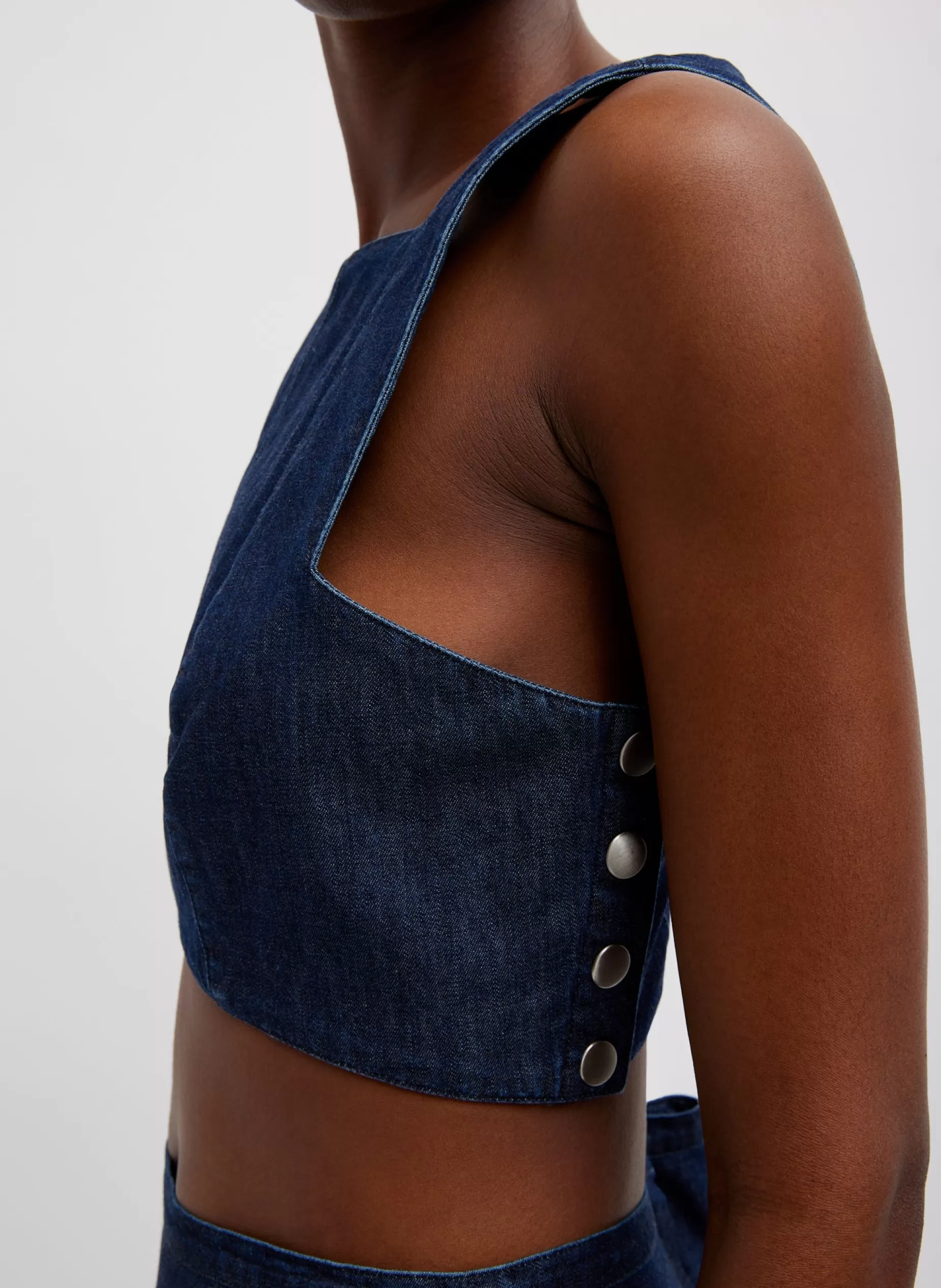 Tibi Denim | Tops-Summer Denim Square Neck Cropped Top