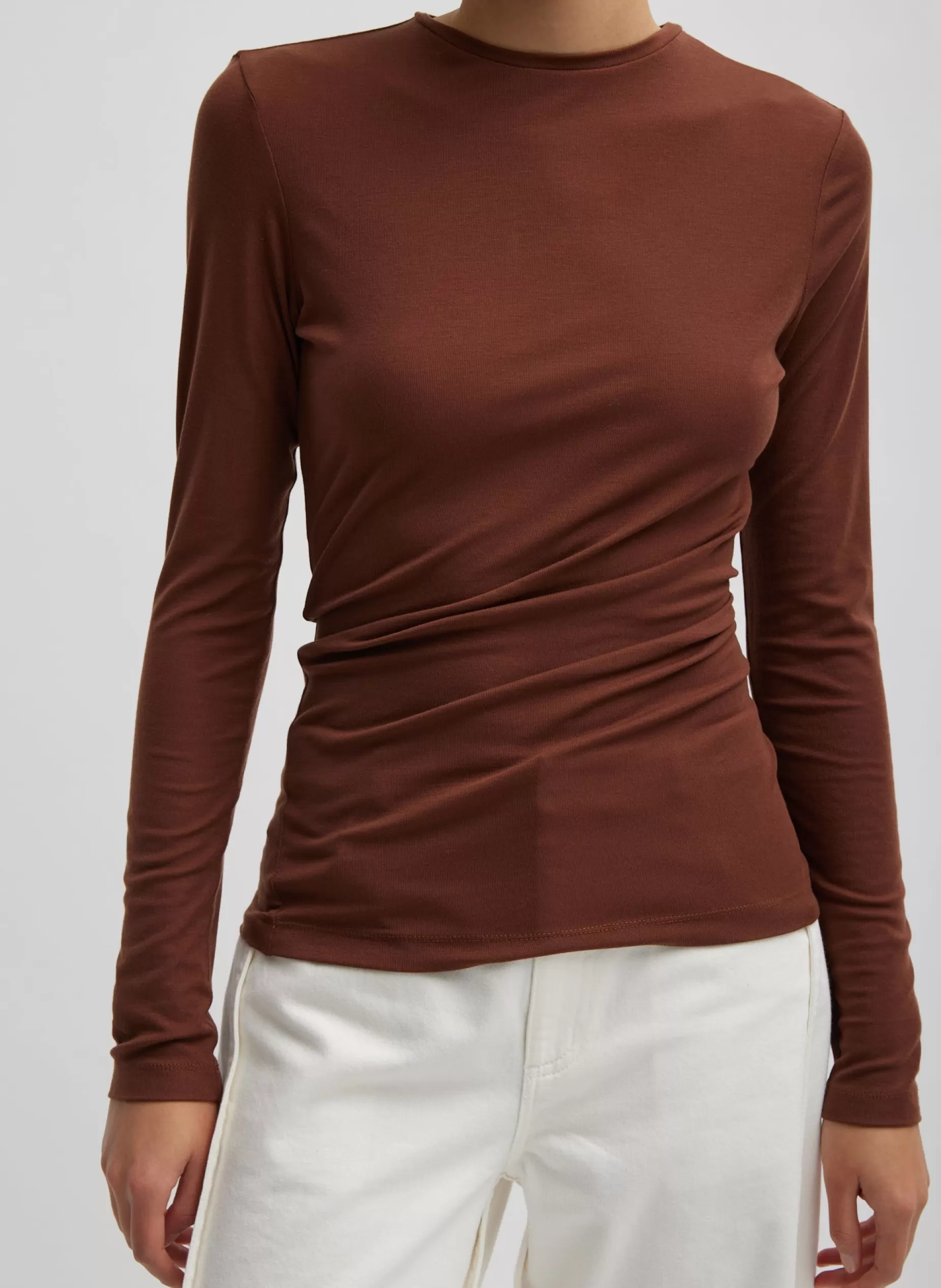 Tibi Tops-Tencel Knit Twisted Seam Long Sleeve T-Shirt